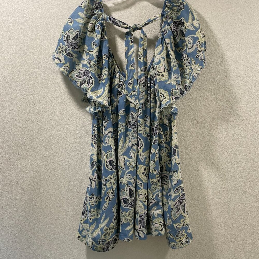 FREE PEOPLE "Kauai Getaway" Tunic Mini Dress Flutter Sleeve Blue/Green Floral L - Picture 3 of 13